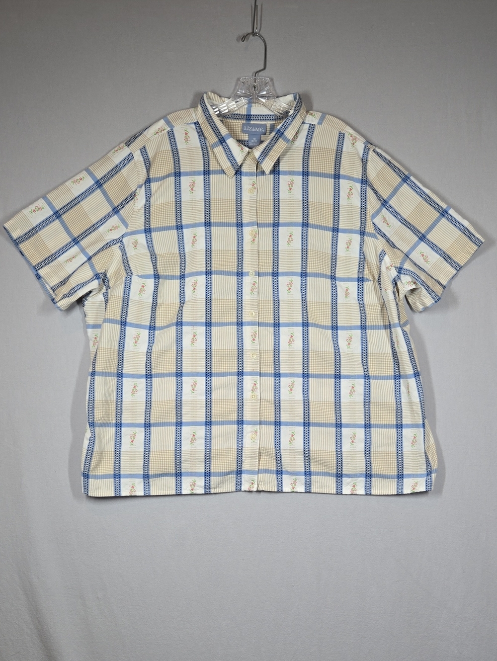 Vintage Liz & Me Women's‎ Shirt 4X Plaid Floral Embroidered Short Sleeves
